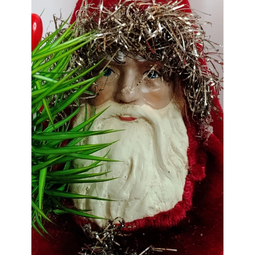 Vintage Red Velvet Santa Claus Figurine Silver Tinsel Trim Christmas Decor 8.5